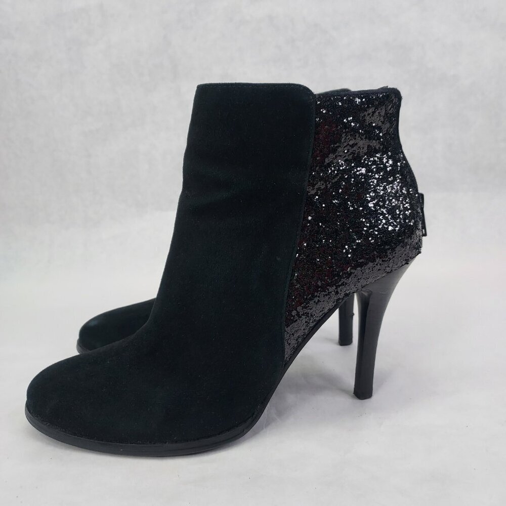 BCBG Milan Stiletto Ankle Booties Women's 9.5B Black Suede Glitter Zip Heel Glam - Picture 9 of 15